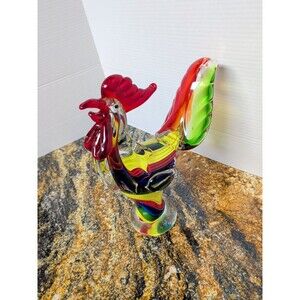 Murano Style Hand Blown Glass Rooster - Rainbow Art Vintage 11" x 7.5" x 4"
